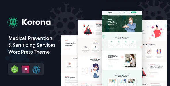 Korona - Medical Prevention & Sanitizing Services WordPress Theme WordPress theme homepage layout for a covid-19 advises health and beauty website