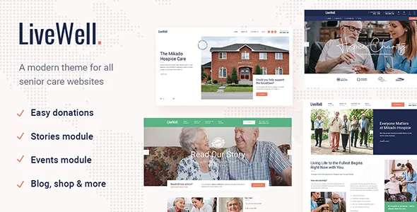 LiveWell - Senior Care WordPress Theme WordPress theme homepage layout for a assisted living health and beauty website