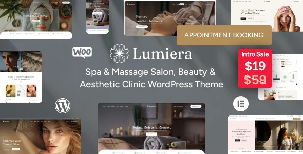 Lumiera – Beauty Salon & Aesthetic WordPress Theme WordPress theme homepage layout for a aesthetic health and beauty website