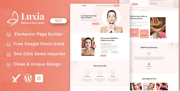 Luxia Beauty & Spa Center WordPress Theme WordPress theme homepage layout for a beauty health and beauty website