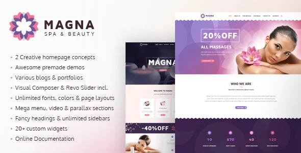 Magna - Spa & Beauty Salon WordPress Theme WordPress theme homepage layout for a beauty health and beauty website