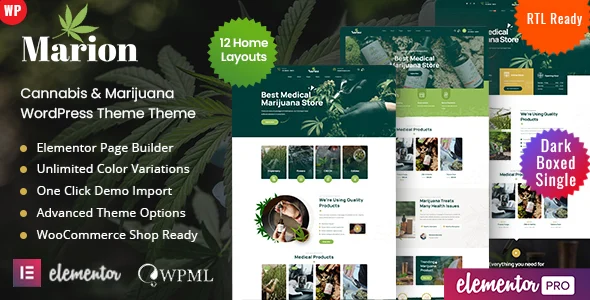 Marion - Cannabis Marijuana WordPress WordPress theme homepage layout for a cannabis health and beauty website