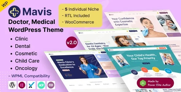 Mavis – Doctor & Medical Clinic WordPress Theme with Elementor and WooCommerce Support WordPress theme homepage layout for a clinic health and beauty website