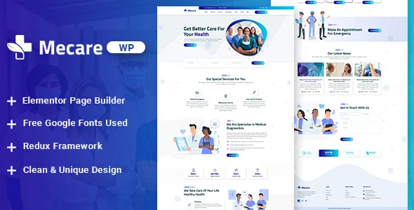 Mecare – Hospital and Health WordPress Theme WordPress theme homepage layout for a beauty health and beauty website