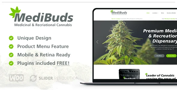 Medibuds - Medical Marijuana Dispensary WordPress Theme WordPress theme homepage layout for a cannabis health and beauty website