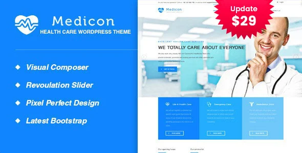 Medicon - Health and Medical WordPress Theme WordPress theme homepage layout for a clinic health and beauty website