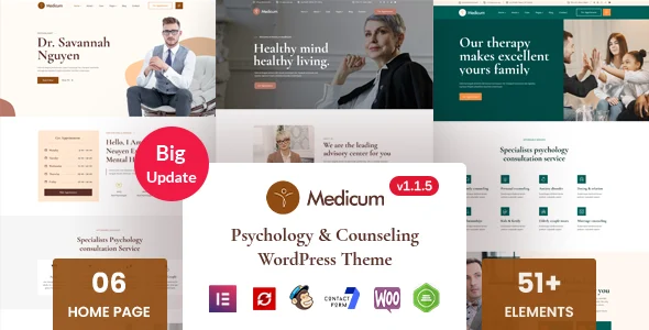 Medicum – Psychology & Counseling WordPress Theme WordPress theme homepage layout for a consultant health and beauty website