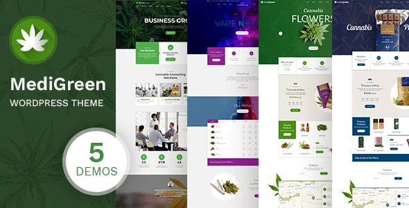 MediGreen - WordPress Theme for Cannabis & Medical Marijuana Shop WordPress theme homepage layout for a cannabis health and beauty website