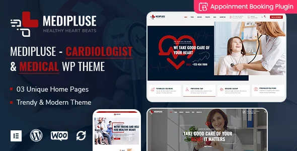Medipluse - Cardiologist and Medical WordPress Theme with Appointments Booking WordPress theme homepage layout for a appointment booking health and beauty website