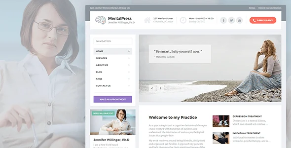 MentalPress — WordPress Theme for Medical Professionals, Psychologists, and Psychiatrists WordPress theme homepage layout for a consulting health and beauty website