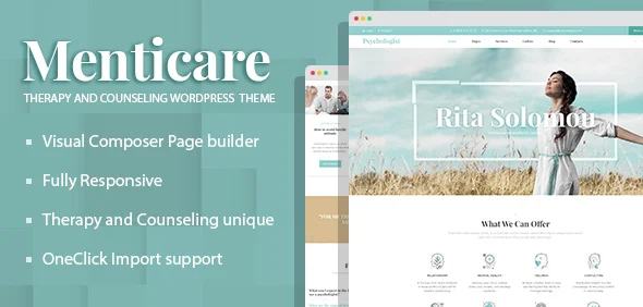 Menticare - Therapy and Counseling WordPress Theme WordPress theme homepage layout for a coach health and beauty website