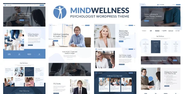 Mindwellness - Psychology and Counseling WordPress Theme WordPress theme homepage layout for a coach health and beauty website