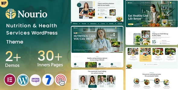 Nourio - Nutrition & Health Services WordPress Theme WordPress theme homepage layout for a Diet and nutrition template health and beauty website