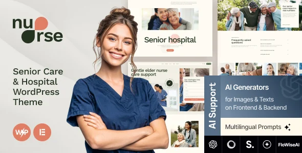 Nurse - Senior Care & Hospital Clinic WordPress Theme WordPress theme homepage layout for a assisted living health and beauty website
