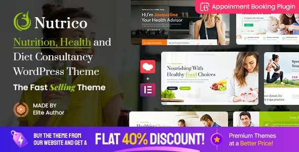 Nutrico - Nutrition Health Services WordPress Theme + Appointment Booking WordPress theme homepage layout for a Diet and nutrition template health and beauty website