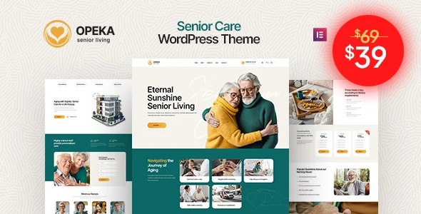 Opeka - Senior Care & Elderly Nursing WordPress Theme WordPress theme homepage layout for a assisted living health and beauty website