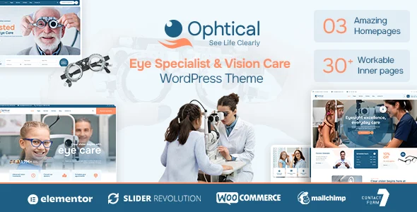 Ophtical - Eye Specialist & Vision Care WordPress Theme WordPress theme homepage layout for a elementor health and beauty website
