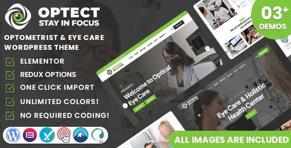 Optect - Optometrist & Eye Care WordPress Theme WordPress theme homepage layout for a elementor health and beauty website