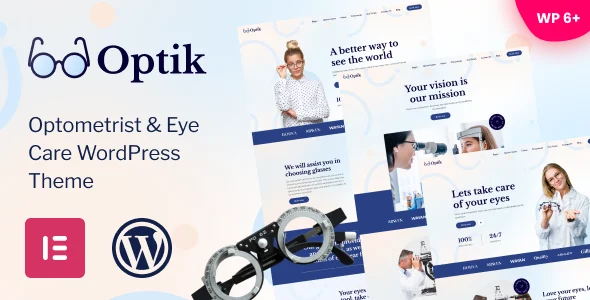 Optik - Optometrist & Eye Care WordPress Theme WordPress theme homepage layout for a eye care health and beauty website