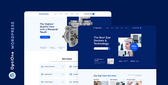 OptiOne | Optometrist & Eye Care WordPress Theme WordPress theme homepage layout for a eye glasses health and beauty website