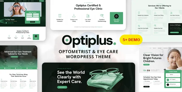 Optiplus - Optometrist & Eye Care WordPress Theme WordPress theme homepage layout for a eyeglasses health and beauty website