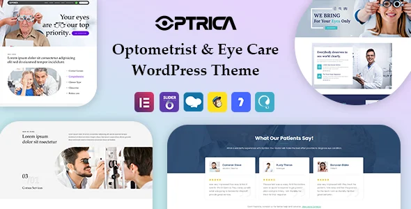 Optrica - Optometrist & Eye Care WordPress Theme WordPress theme homepage layout for a eye care health and beauty website