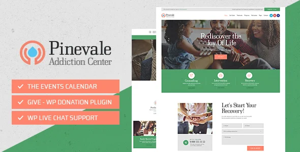 Pinevale | Addiction Recovery and Rehabilitation Center WordPress Theme WordPress theme homepage layout for a addiction center health and beauty website