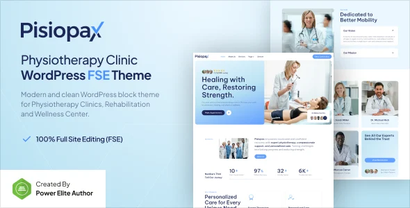 Pisiopax – Physiotherapy Clinic Gutenverse FSE WordPress Block Theme WordPress theme homepage layout for a clinic health and beauty website