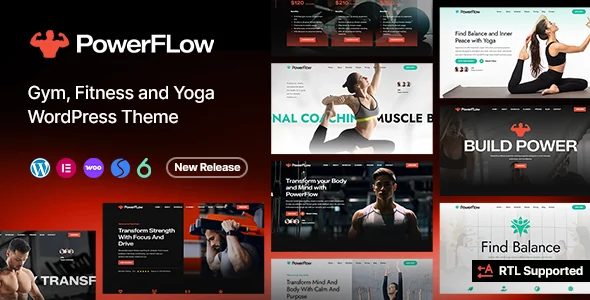 PowerFlow - Gym Fitness and Yoga WordPress Theme WordPress theme homepage layout for a bodybuilding health and beauty website