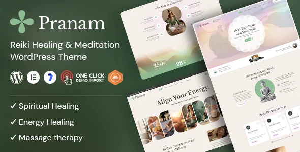 Pranam – Reiki Healing & Meditation WordPress Theme WordPress theme homepage layout for a chakra health and beauty website