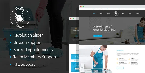 PrettyPress - House Cleaning Service WordPress Theme WordPress theme homepage layout for a cleaning agency health and beauty website