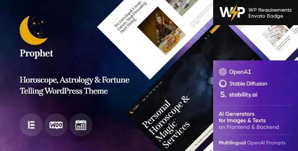 Prophet - Horoscope, Astrology & Fortune Telling WordPress Theme WordPress theme homepage layout for a astrology health and beauty website
