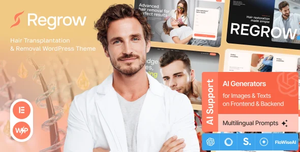 Regrow - Hair Transplantation & Removal WordPress Theme WordPress theme homepage layout for a beauty health and beauty website