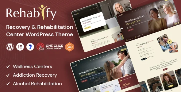 Rehabify – Addiction Recovery and Rehabilitation Center WordPress Theme WordPress theme homepage layout for a addiction center health and beauty website