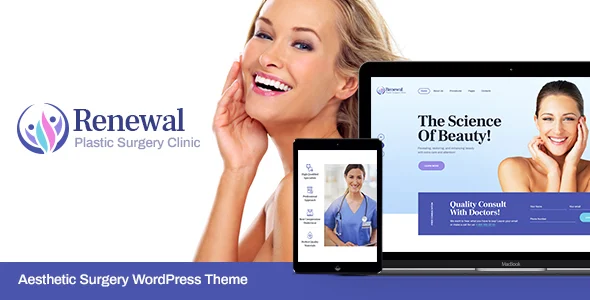 Renewal | Plastic Surgery Clinic WordPress Theme WordPress theme homepage layout for a beauty health and beauty website