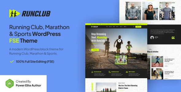 Runclub – Running Club, Marathon & Sports Gutenverse FSE WordPress Block Theme WordPress theme homepage layout for a achievements health and beauty website