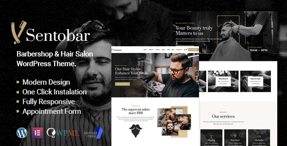 Sentobar - Barbershop WordPress Theme WordPress theme homepage layout for a barber health and beauty website