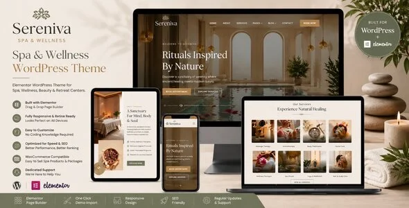 Sereniva — Spa & Wellness WordPress Theme WordPress theme homepage layout for a aromatherapy health and beauty website