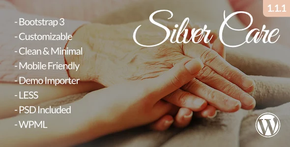 Silver Care - Medical WordPress Theme WordPress theme homepage layout for a assisted living health and beauty website