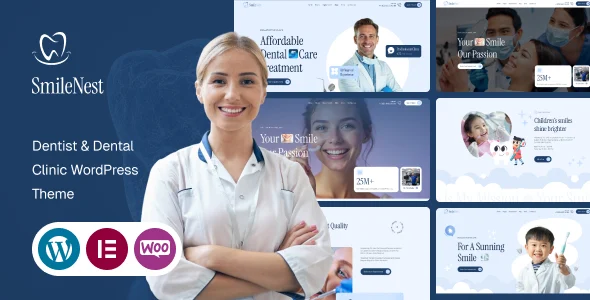 Smilenest - Dentist & Dental Clinic WordPress Theme WordPress theme homepage layout for a appointment health and beauty website