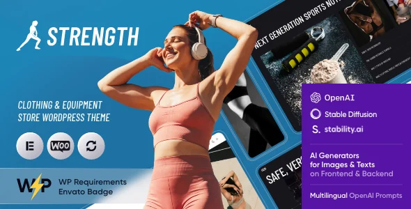 Strength - Sportswear Store & Equipment Shop WordPress Theme WordPress theme homepage layout for a bodybuilding health and beauty website