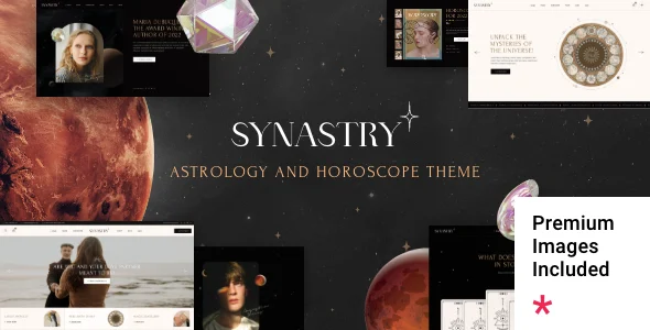 Synastry - Astrology and Horoscope WordPress Theme WordPress theme homepage layout for a astrologer health and beauty website