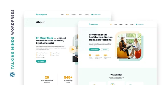 Talking Minds - Psychotherapist WordPress Theme WordPress theme homepage layout for a clinic health and beauty website