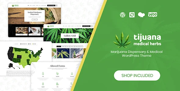 Tijuana - Marijuana Dispensary & Medical WordPress Theme WordPress theme homepage layout for a bong health and beauty website