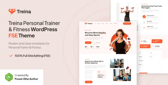 Treina – Personal Trainer & Fitness Gutenverse FSE WordPress Block Theme WordPress theme homepage layout for a coach health and beauty website