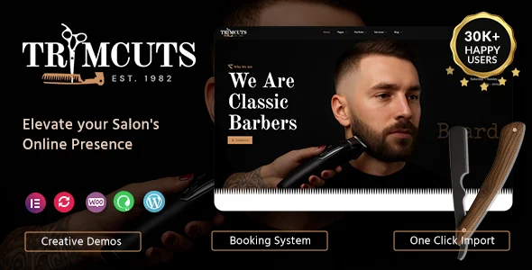 Trimcuts - Barber & Hairdressers WordPress Theme WordPress theme homepage layout for a artist health and beauty website