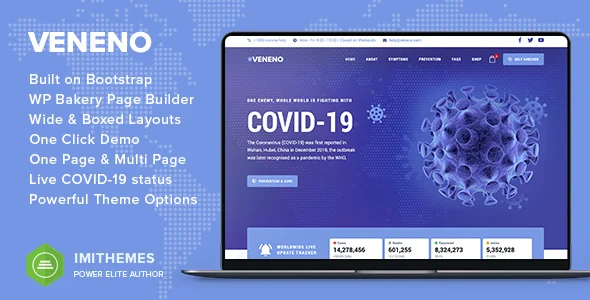 Veneno - Coronavirus Information WordPress Theme WordPress theme homepage layout for a corona health and beauty website