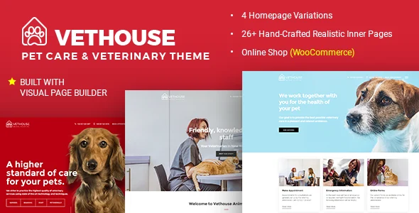 Vethouse - Pet Care & Veterinary Theme WordPress theme homepage layout for a animal health and beauty website