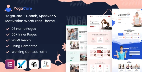 YogaCare - Coach, Speaker & Motivation WordPress Theme WordPress theme homepage layout for a fitness health and beauty website