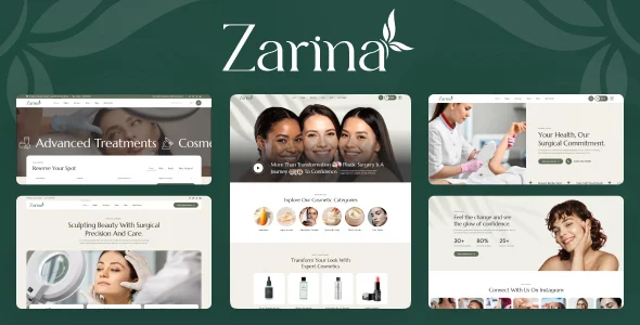 Zarina - Plastic Surgery WordPress Theme WordPress theme homepage layout for a beauty clinic health and beauty website